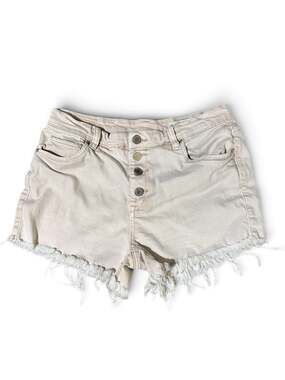 BlankNYC Wedge Short Raw Hem Button Fly Shorts in Beige